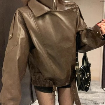 美式復古棕色pu皮衣外套秋季寬鬆拉鍊立領機車服夾克上衣女