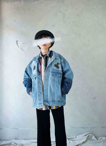 Restyle改造古著-90年代百事可樂水洗藍手縫貼袋oversize牛仔外套