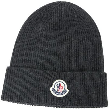 MONCLER 品牌徽章補丁反摺羅紋針織羊毛帽(深灰)