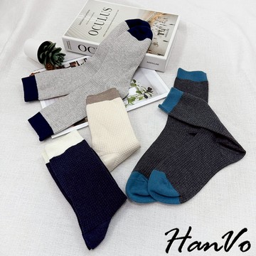 【HanVo】男款拚色華膚格中長襪 韓系舒適透氣親膚棉質襪 潮流時尚休閒襪 男生配件 B07-7027