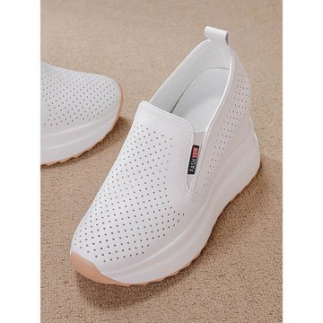 內增高小白鞋10CM真皮2025夏透氣鏤空一腳蹬顯腳小個子坡跟懶人鞋