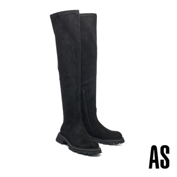 長靴 AS 時髦氣勢LOGO拉鍊彈力羊絨麂布厚底過膝長靴－霧黑
