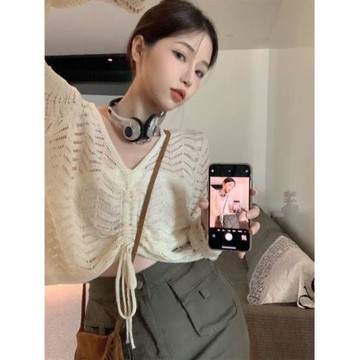 小眾設計感抽繩鏤空防曬罩衫夏季寬松套頭早秋長袖V領針織上衣女