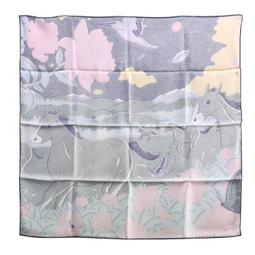 HERMES 經典Ivresse Au Vent 系列駿馬真絲手工捲邊方巾(70cm-藍綠/玫瑰色)