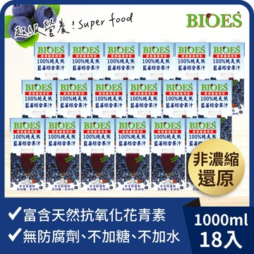 【囍瑞BIOES】100%純天然藍莓綜合原汁1000ml*18瓶