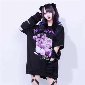 日系 amilige地雷系原宿系印花衛衣T恤露肩拉鏈上衣