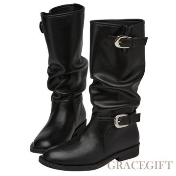 【Grace Gift】慵懶隨性皮革雙層皮帶扣堆堆長靴 黑