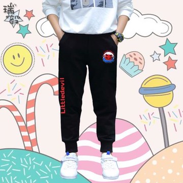 小惡魔表情包可愛卡通小腳褲衛褲子男女兒童裝學生休閑長褲運動褲