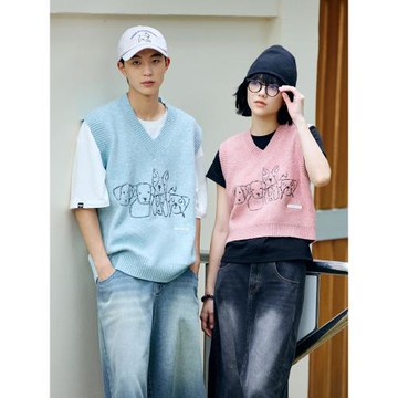 PSO Brand男女裝糯米絨紗線涂鴉小狗刺繡毛衣馬甲背心疊穿秋潮牌