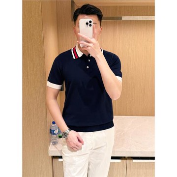 法式高級拼色翻領t恤針織短袖男 夏季新款商務休閑修身polo衫男款