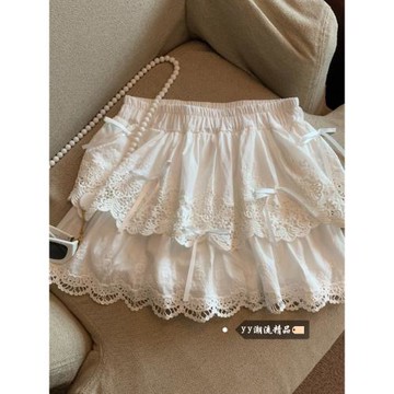 芭蕾風白色蕾絲蛋糕裙蓬蓬半身裙女秋季蝴蝶結半裙小個子公主短裙