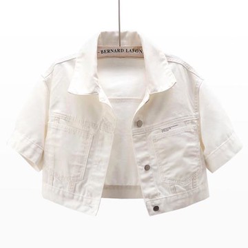 2025夏季新款貼布短袖牛仔外套女寬松短款小披肩上衣開衫白色薄款