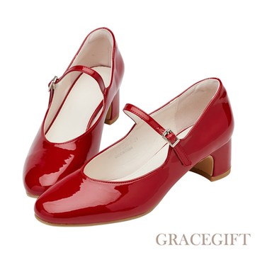 【Grace Gift】THREE-浪漫氛圍一字中跟瑪莉珍鞋 紅漆