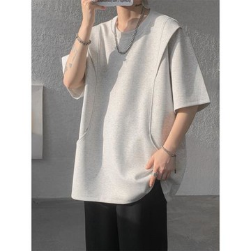 解構假兩件260克重磅短袖t恤男生夏季刺繡設計感潮牌美式半袖體恤