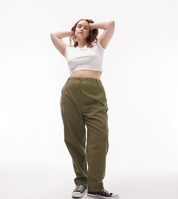 Topshop Curve high waist peg trouser in khaki-Green