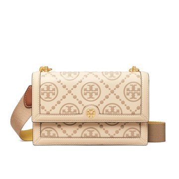 TORY BURCH T MONOGRAM 老花滿印壓花翻蓋 迷你斜跨斜背包 單肩包 90776(皮面些微壓到不影響使用)~【 菲尼斯 國際精品 ★ APP下單天天10%點數回饋 】