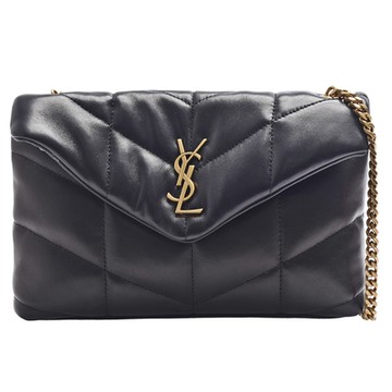 YSL PUFFER系列縫線小羊皮金色金屬LOGO金鍊斜背包(迷你-黑)