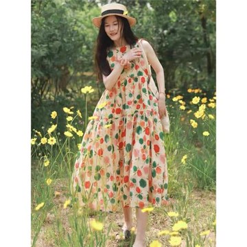 法式復古度假風印花連衣裙大理旅游穿搭拍照長裙子三亞海邊沙灘裙