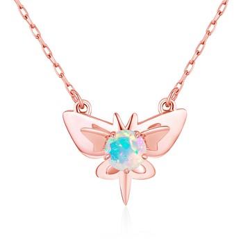 蝴蝶蛋白石項鍊-立體疊戴墜飾-簡約14k玫瑰金吊墜-10月生日石