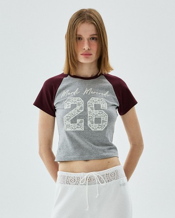 MARDI MERCREDI 印花短TEE 灰色 蕾絲拼接 米色 短版 CROPPED TSHIRT RAGLAN NO.26 LACE