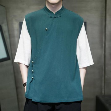 斜襟漢服男中國風夏季薄款亞麻短袖襯衫復古寬松茶禪服大碼居士服