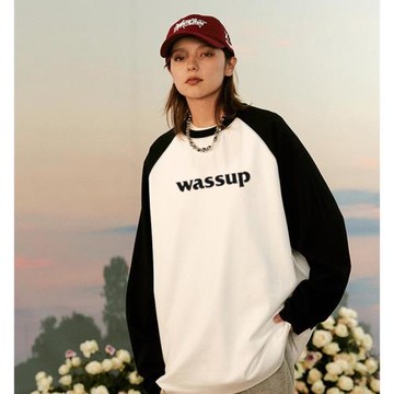 WASSUP插肩長袖女純棉寬松美式正肩早秋季上衣2023新款情侶打底衫