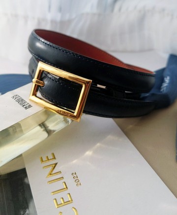 稀有美品 萬能款CELINE 深藍金框 幼帶 法式 腰鏈 腰帶 皮帶 belt