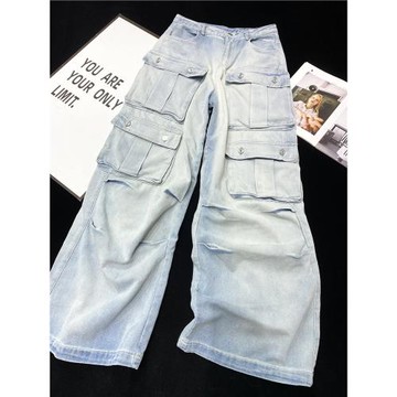 CCA自制宋雨琦同款口袋水洗磨白淺藍工裝牛仔褲辣妹拖地闊腿褲女