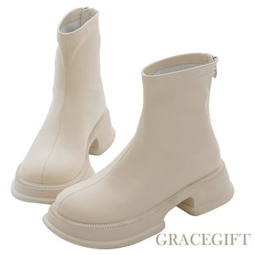 【Grace Gift】瘦瘦比例厚底彈力靴 米白