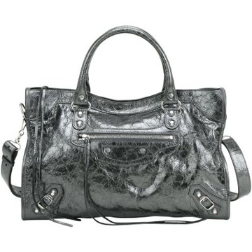 BALENCIAGA 巴黎世家 Le City M 金屬感揉製羊皮銀扣手提/斜背機車包(銀灰)