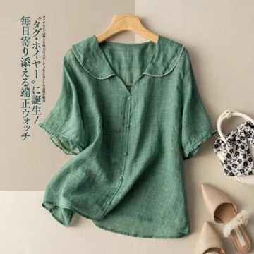 短袖海軍領苧麻上衣文藝復古棉麻小衫娃娃領寬松顯瘦薄款2025新款