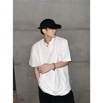 LINYILUCK/夏季重磅V領紐扣設計短袖T恤男寬松休閑痞帥純色半袖潮