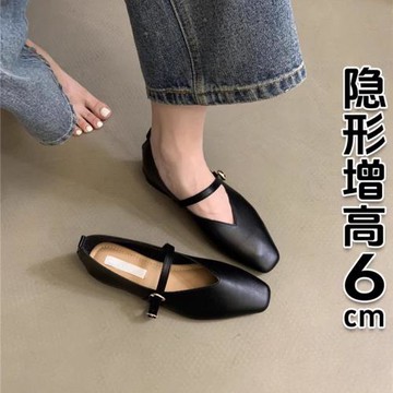 香港法式瑪麗珍淺口單鞋女春秋軟底真皮小個子內增高一字扣奶奶鞋