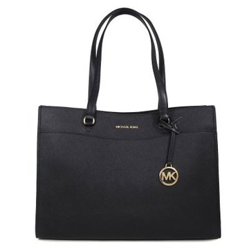 MICHAEL KORS Jet Set Travel 金字Logo防刮皮革三層大托特肩背包(黑色)