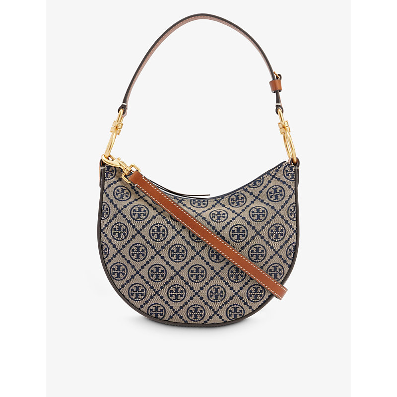 Tory Burch Womens Navy Blue/Brown Womens Tory Navy T Monogram Jacquard Cotton-blend Shoulder bag 17x25x5cm