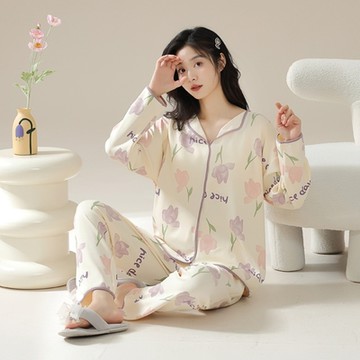 【藍尼居家】現+預 印花帶胸墊家居睡衣(女睡衣/家居服/長袖/Bra Top)