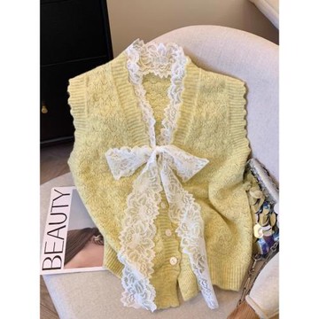 小香風蕾絲蝴蝶結馬甲針織衫女款2025新款春秋季外搭疊穿毛衣背心