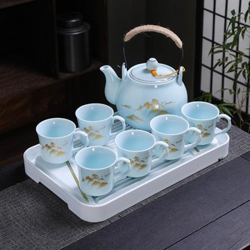 (免運)粉青提梁壺茶具套裝陶瓷家用茶壺簡約中式清新茶具盤防燙茶杯套裝