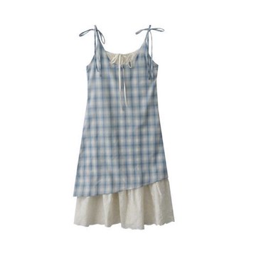 夏季新款溫柔風小清新格紋蕾絲拼接假兩件吊帶裙小眾設計感連衣裙