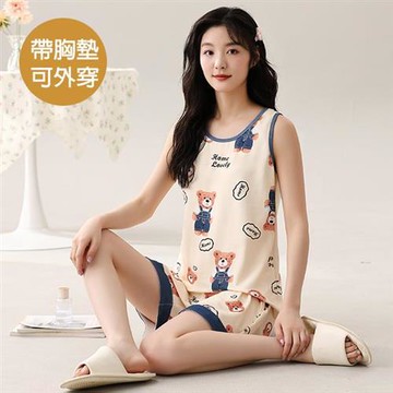 【韓國K.W.】韓國熊棉背心印花家居服睡衣套裝(背心/大面印花/短褲)