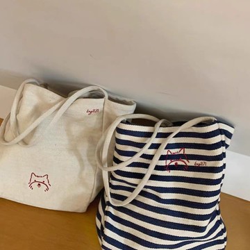 帆布包  快樂小狗小衆刺繡  大容量慵懶風隨意休閒購物布袋  WH