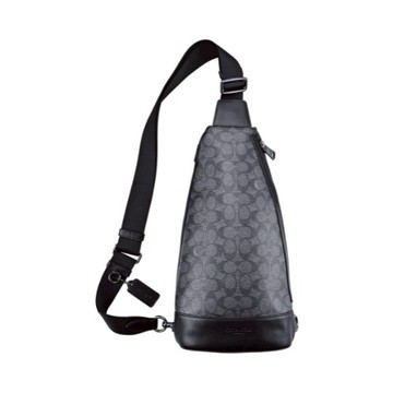 [平輸版] 【COACH】黑灰C Logo PVC拼接黑色皮革直式單肩胸背斜後背男包 真品平輸