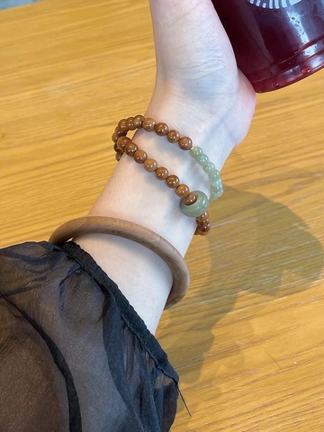 天然庫克菩提6公釐搭配和田玉雙圈手鏈 老山檀手鐲 文玩手鏈手鐲