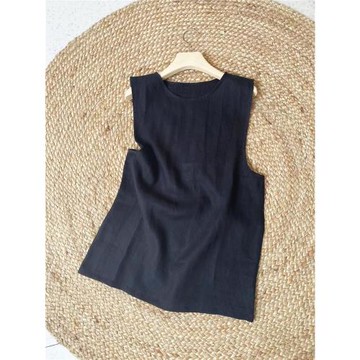 法國純亞麻涼爽男士無袖背心T恤 黑色休閑上衣汗背心