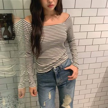 正韓女上衣 露肩條紋長袖T恤FOM1087-創翊韓都