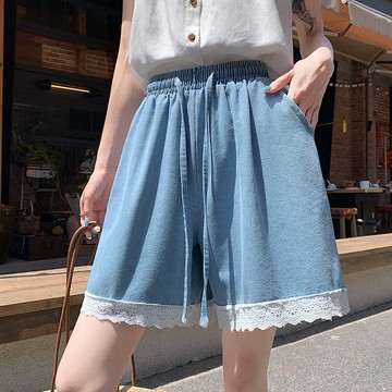 S-5XL 韓版高腰蕾絲花邊牛仔短褲 五分牛仔褲 大碼牛仔短褲女 休閒短褲 寬鬆顯瘦短褲 寬褲 闊腿褲