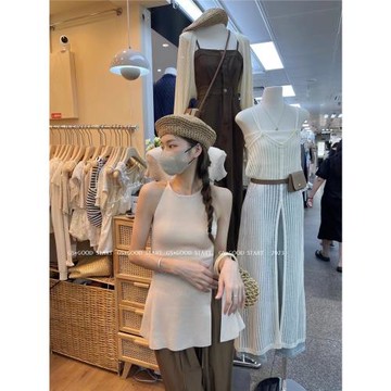 GS夏季新款純欲風針織衫氛圍感小眾開叉修身顯瘦中長吊帶背心上衣