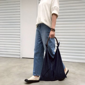 SAMEDi - 隨性綁結手提包-深藍丹寧+咖啡提把【畢業禮物】