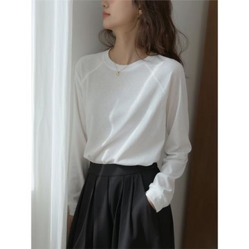 LILI EDIT/ 刺繡簡約百搭竹節棉長袖圓領T恤女夏基礎款內搭上衣