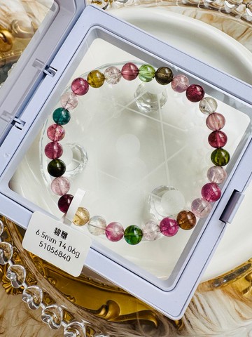 天然明亮色系老礦彩碧璽6.5mm14.06g帶藍碧璽手圍可達17cm